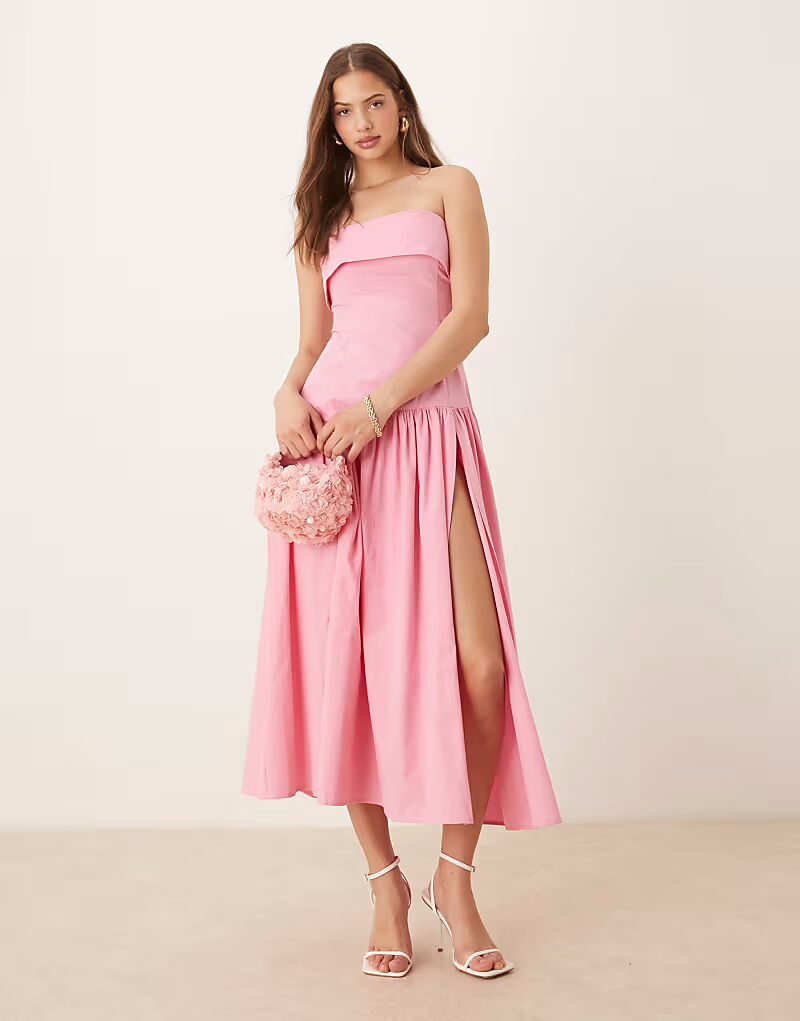 

Платье-бандо миди ASOS DESIGN с отворотом и асимметричной отделкой розового цвета