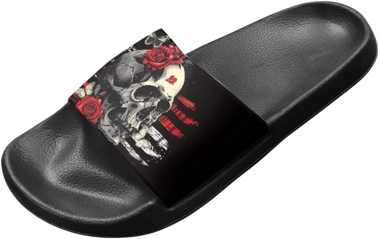 

Сандалии Binienty с одной полоской для женщин и мужчин, нескользящие, повседневные, для прогулок, пляжные шлепанцы с поддержкой свода стопы, Gothic Skull Butterfly Rose