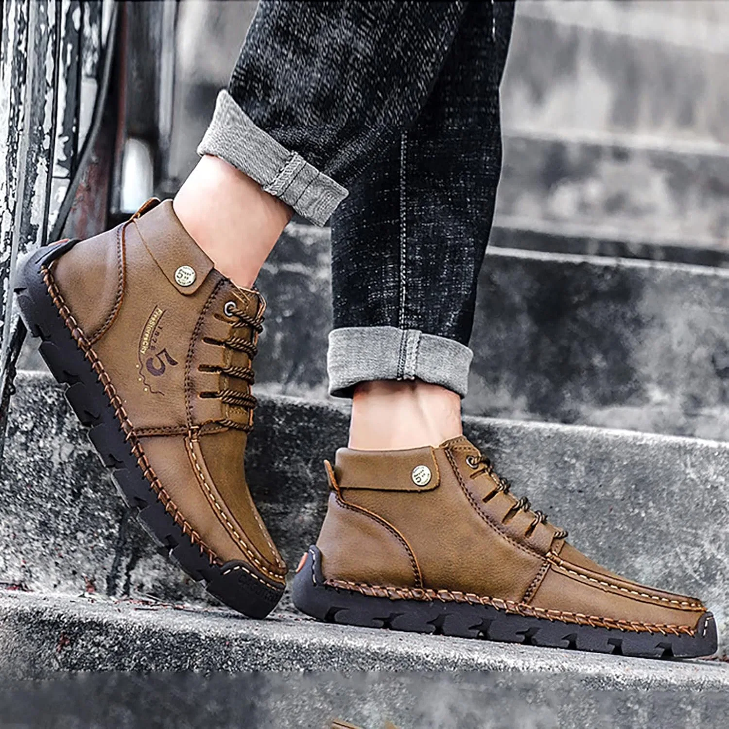 Туфли Mens Shoes Sporty Elegant British Large Casual Mens Leather Handmade Foreign Trade Lace Up Sports Shoes Mens Outdoor Shoes Wide Generic, Khaki — фото 3