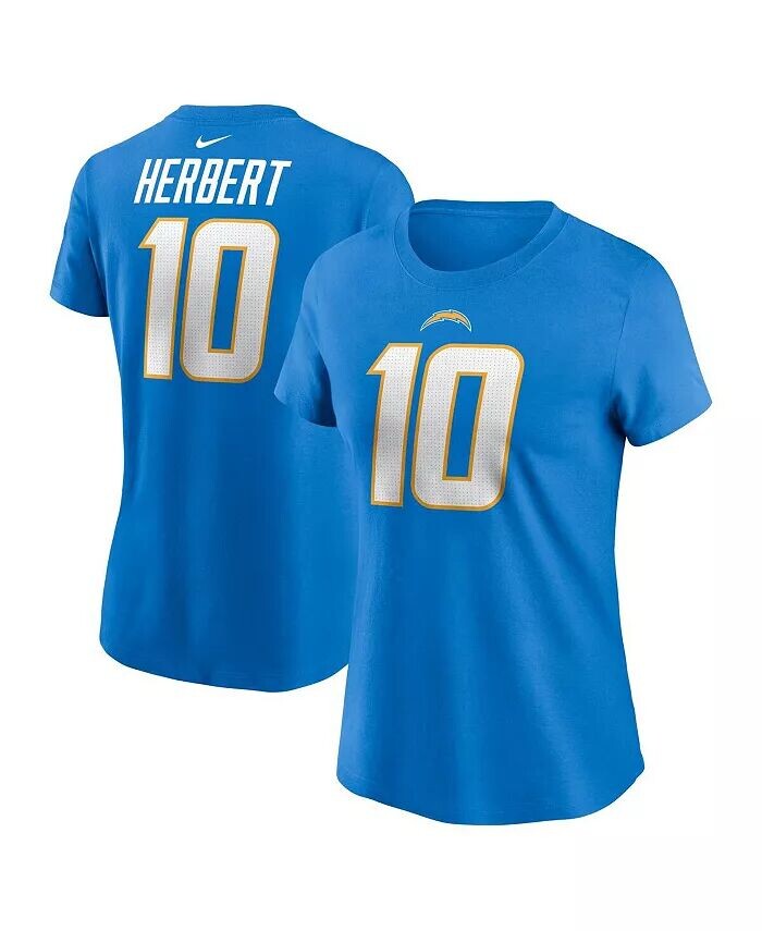 

Женская футболка Justin Herbert Powder Blue Los Angeles Chargers с именем и номером игрока Nike, синий