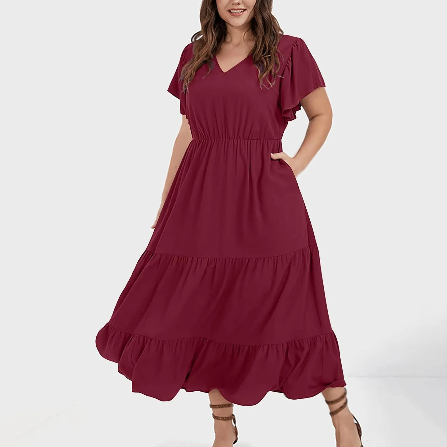 Женское повседневное платье свободного кроя Plus Size с коротким рукавом и V-образным вырезом, с карманами, для лета и осени Generic, Wine — фото 2