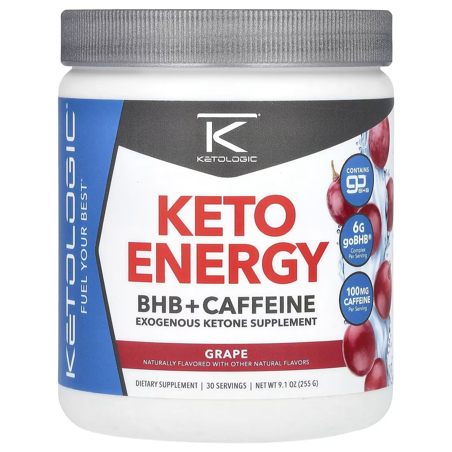 

Keto Energy, BHB + кофеин, виноград, 9,1 унции (255 г) Ketologic