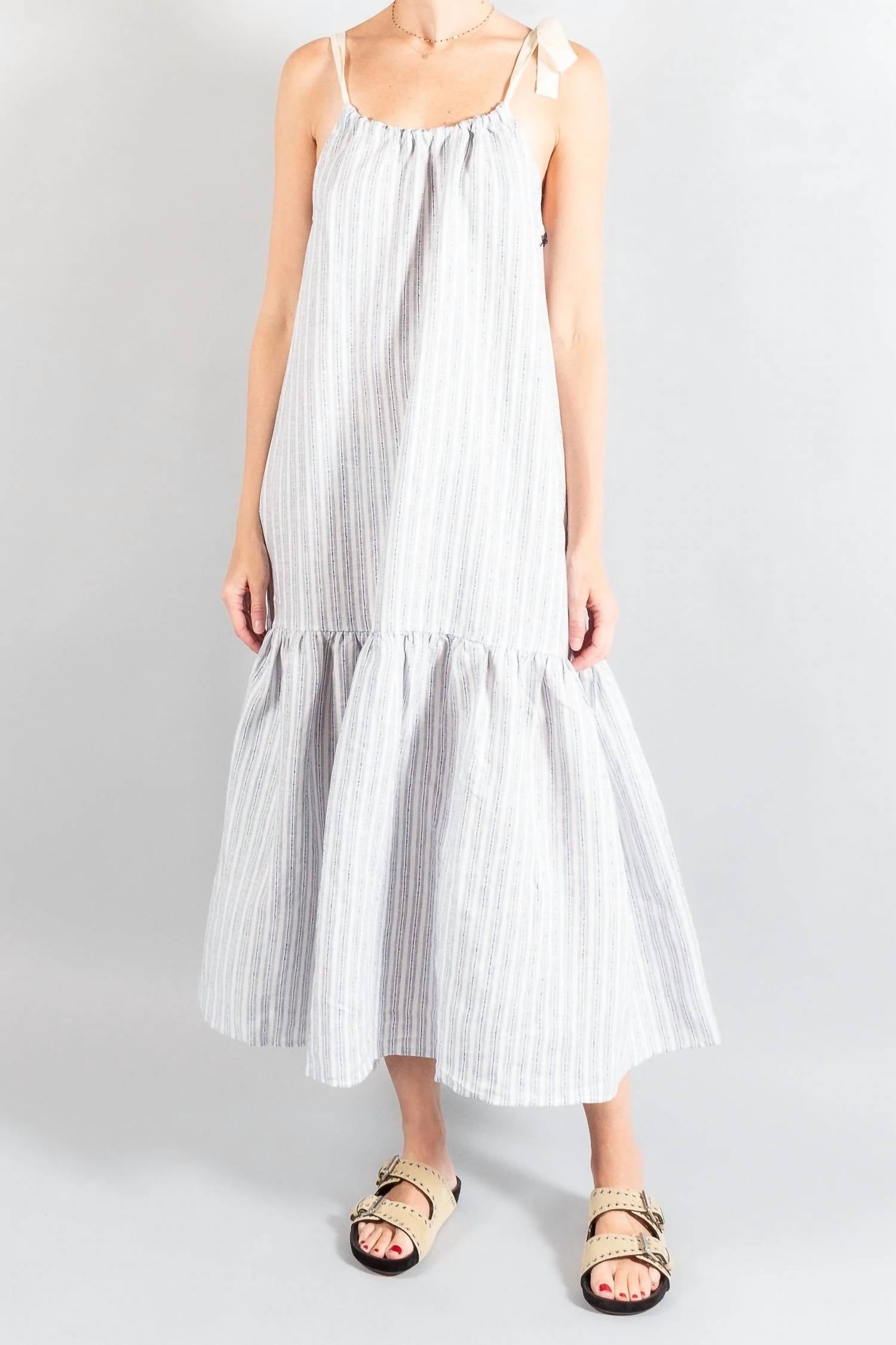 

Платье с завязками на плечах и фактурным полосатым принтом APIECE APART, цвет textured stripe print