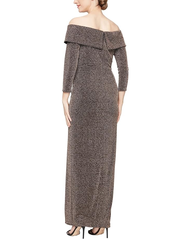 

Платье Alex Evenings Long Metallic Knit Off-the-Shoulder Dress w/ Long Sleeves & Leg Slit, цвет Black/Copper