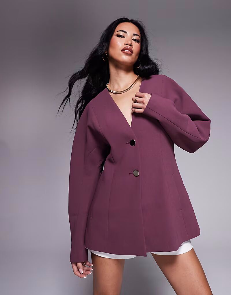 

Пиджак без воротника с зауженной талией ASOS DESIGN сливового цвета