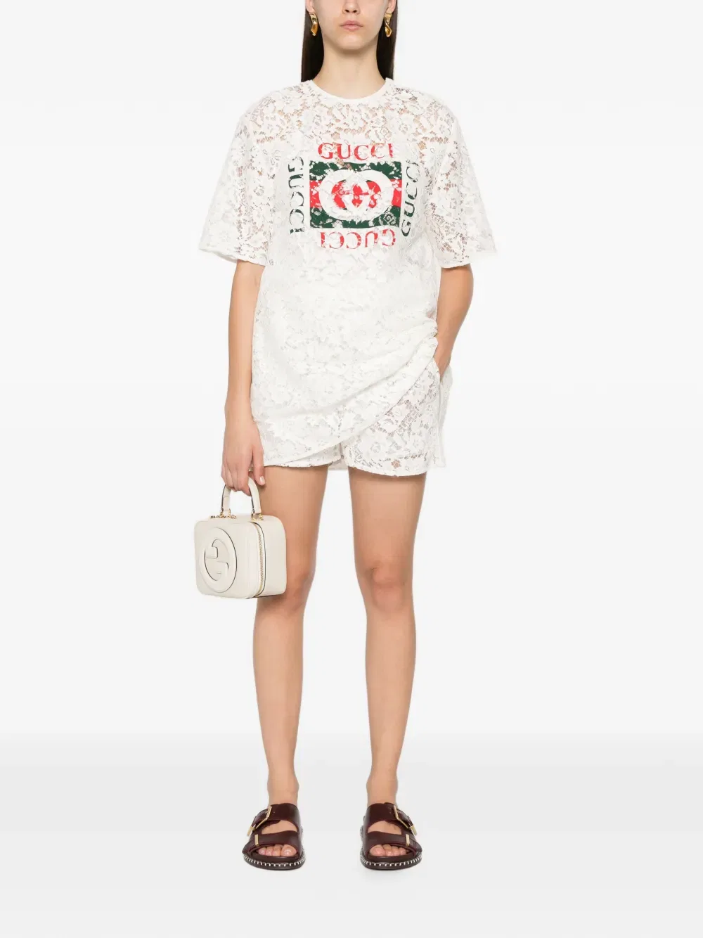 Шорты Gucci с переплетающимися буквами G, с цветочным кружевом, белый — фото 2