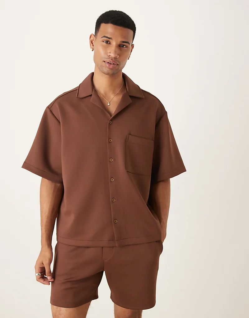 

Коричневая рубашка свободного кроя с воротником-стойкой ASOS DESIGN — часть комплекта