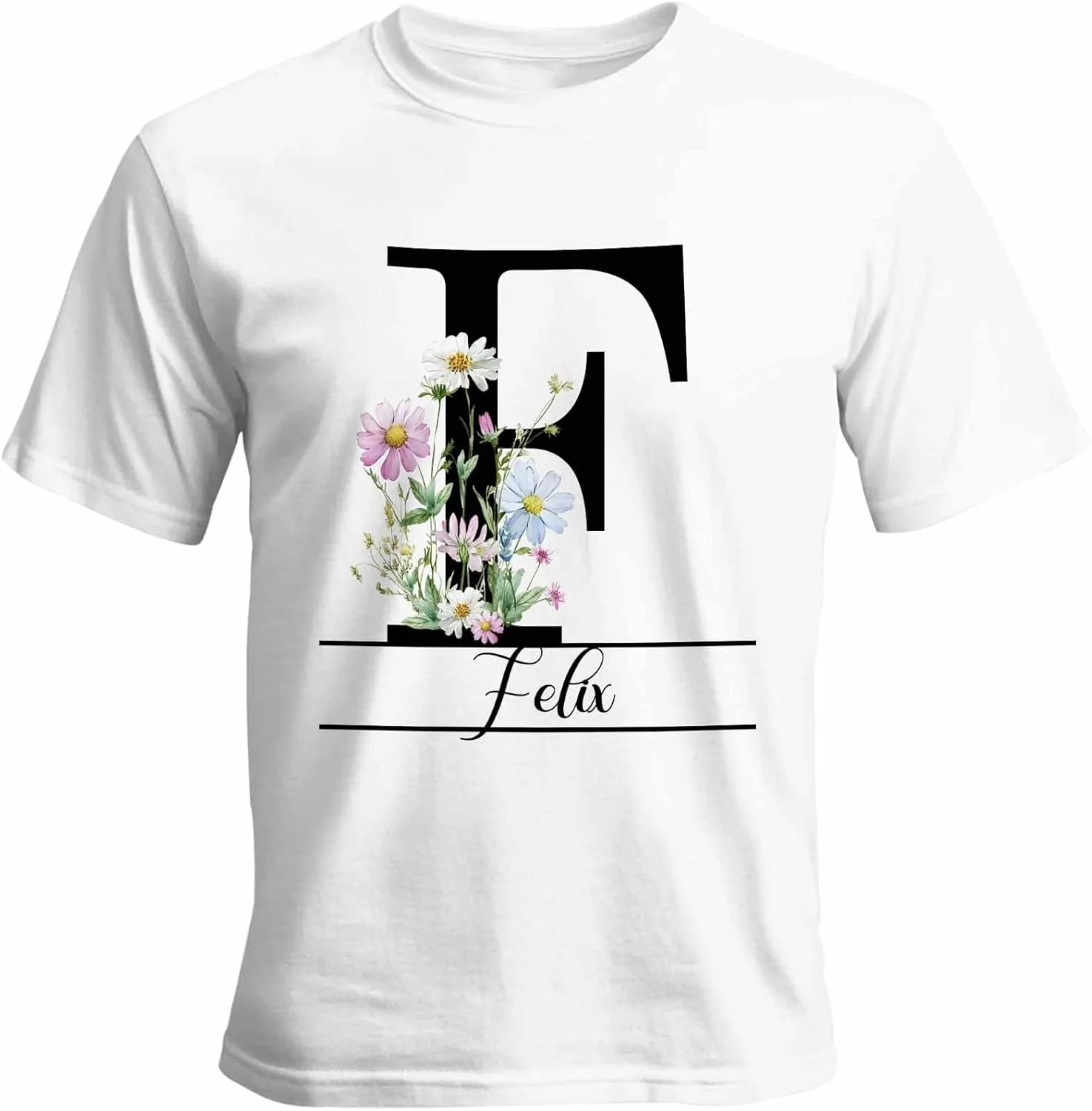 

Футболка с именем или текстом, цветы F, Unisex, Cotton, круглый вырез, персонализированная Vaxbryntel