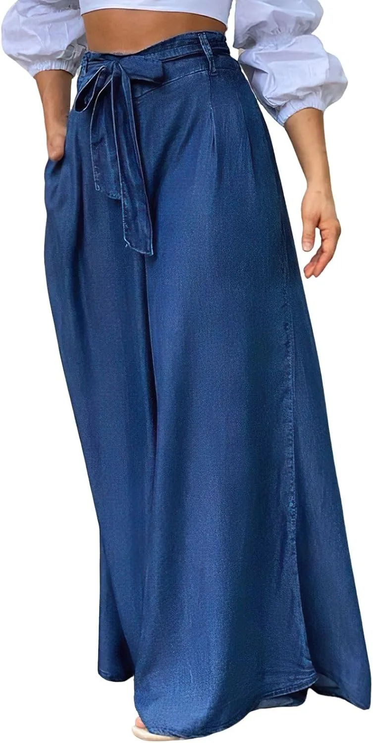 

ebossy Женские элегантные брюки-клеш с завязками на поясе