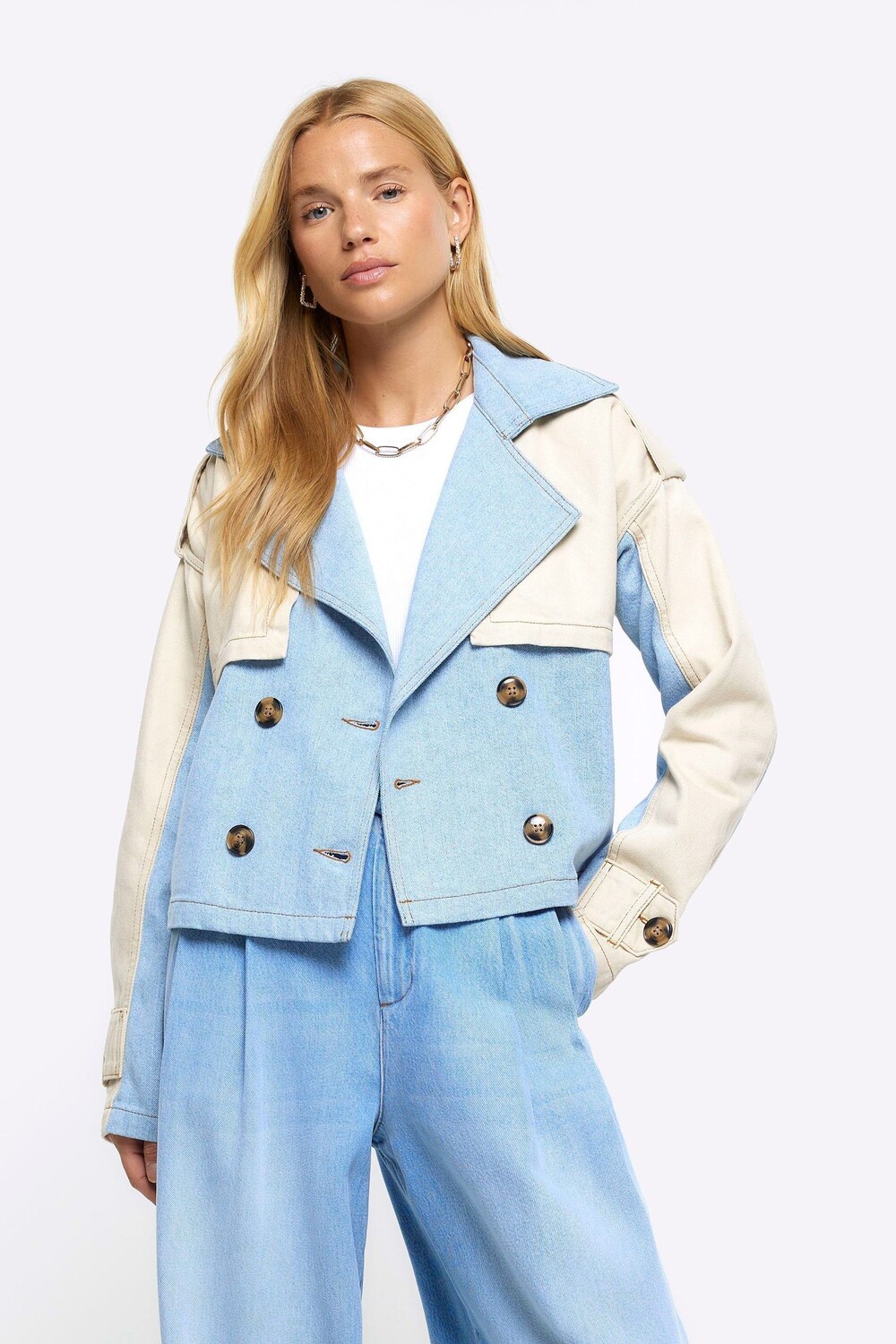 

Укороченная куртка тренч из гибридного денима River Island, синий