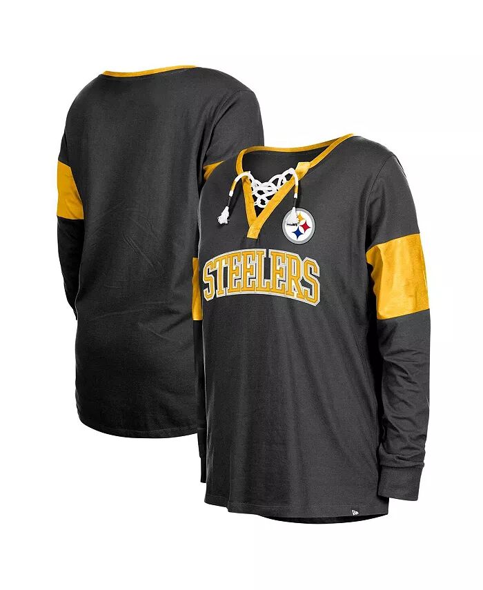 

Женская черная футболка Pittsburgh Steelers со шнуровкой и вырезом-надрезом, с длинным рукавом New Era