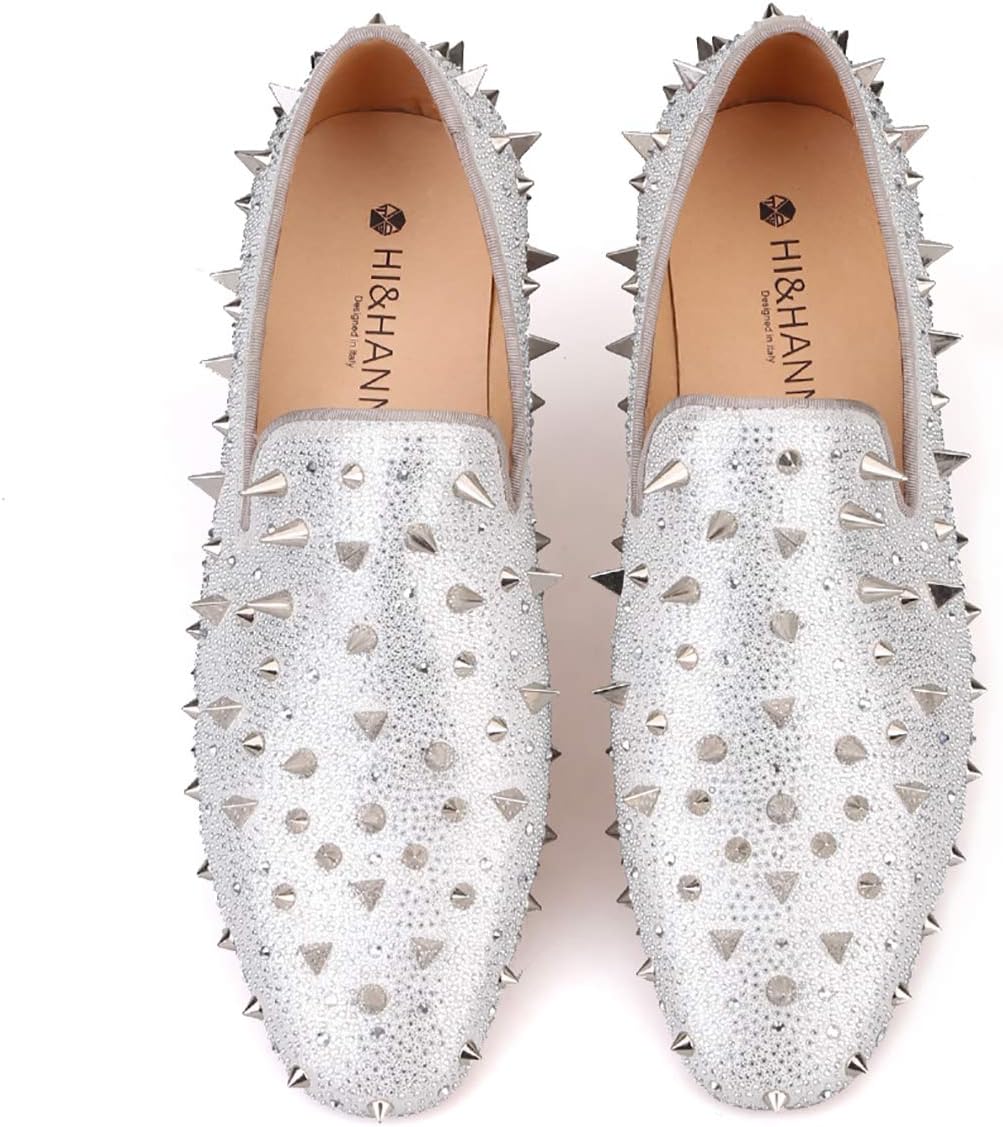 

Мужские блестящие кожаные слипоны HIHANN Spikes and Diamonds, лоферы-смокинг Hi&Hann, серебро
