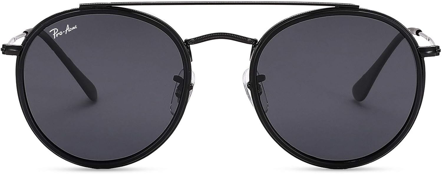 

Солнцезащитные очки Pro Acme Retro Round для женщин и мужчин, 100% настоящие стеклянные линзы, двойная перемычка, круглая форма, защита от УФ-излучения UV400, A1- Black/Grey