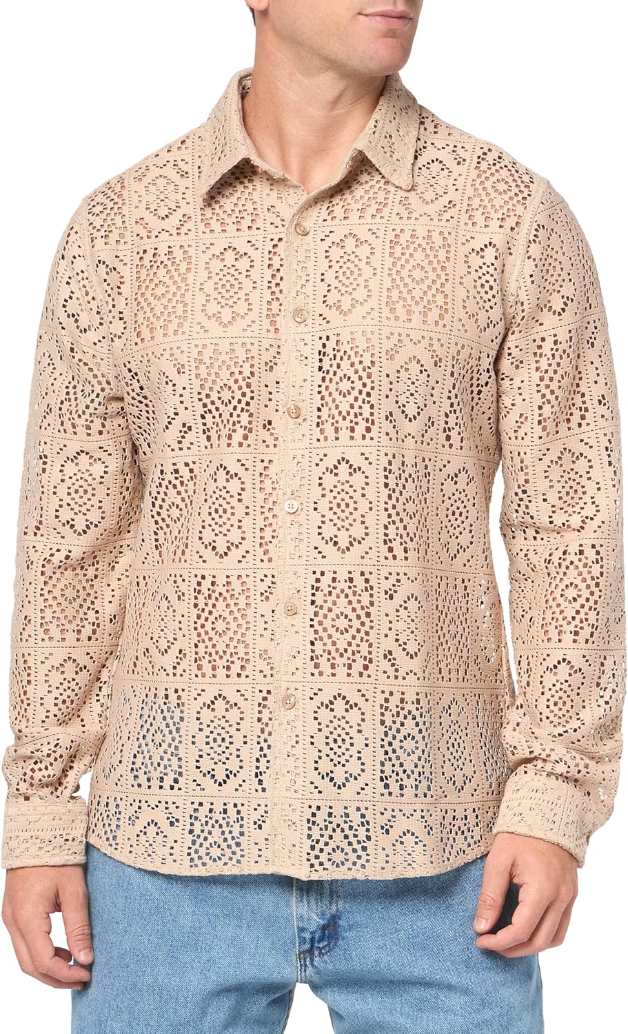 

GUESS Мужская рубашка с длинным рукавом Craft Crochet, Neutral Sand