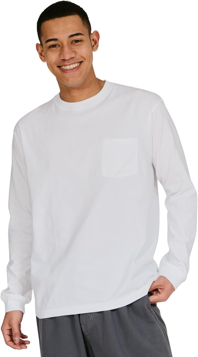 

Мужская футболка Hanes H5196 Beefy-T с длинными рукавами и карманом, круглый вырез, 100% хлопок, без этикетки, белый