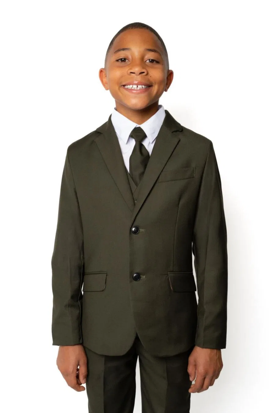 Костюм 007 Slim Fit для маленьких и больших мальчиков, состоящий из 5 предметов: рубашка, галстук, пиджак, жилет и брюки Peanut Butter Collection, оливковый — фото 2