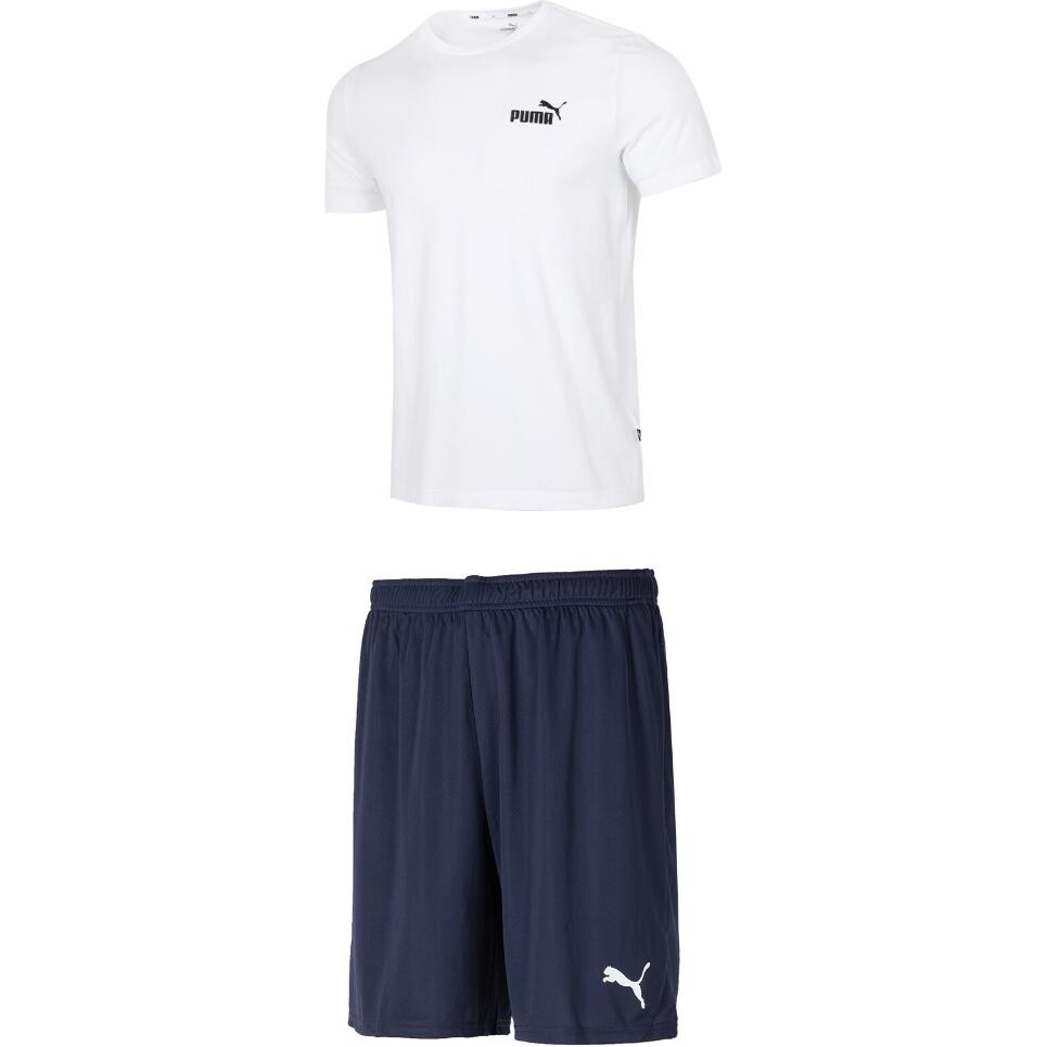 

Повседневный спортивный мужской комплект: белый топ и темно-синие шорты Puma, белый