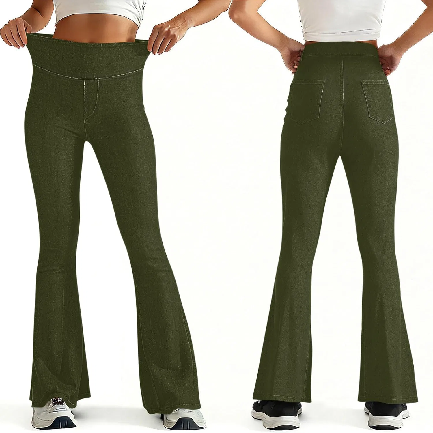 Активные штаны, военный, Curvy Flare Jeans, Army Green — фото 3