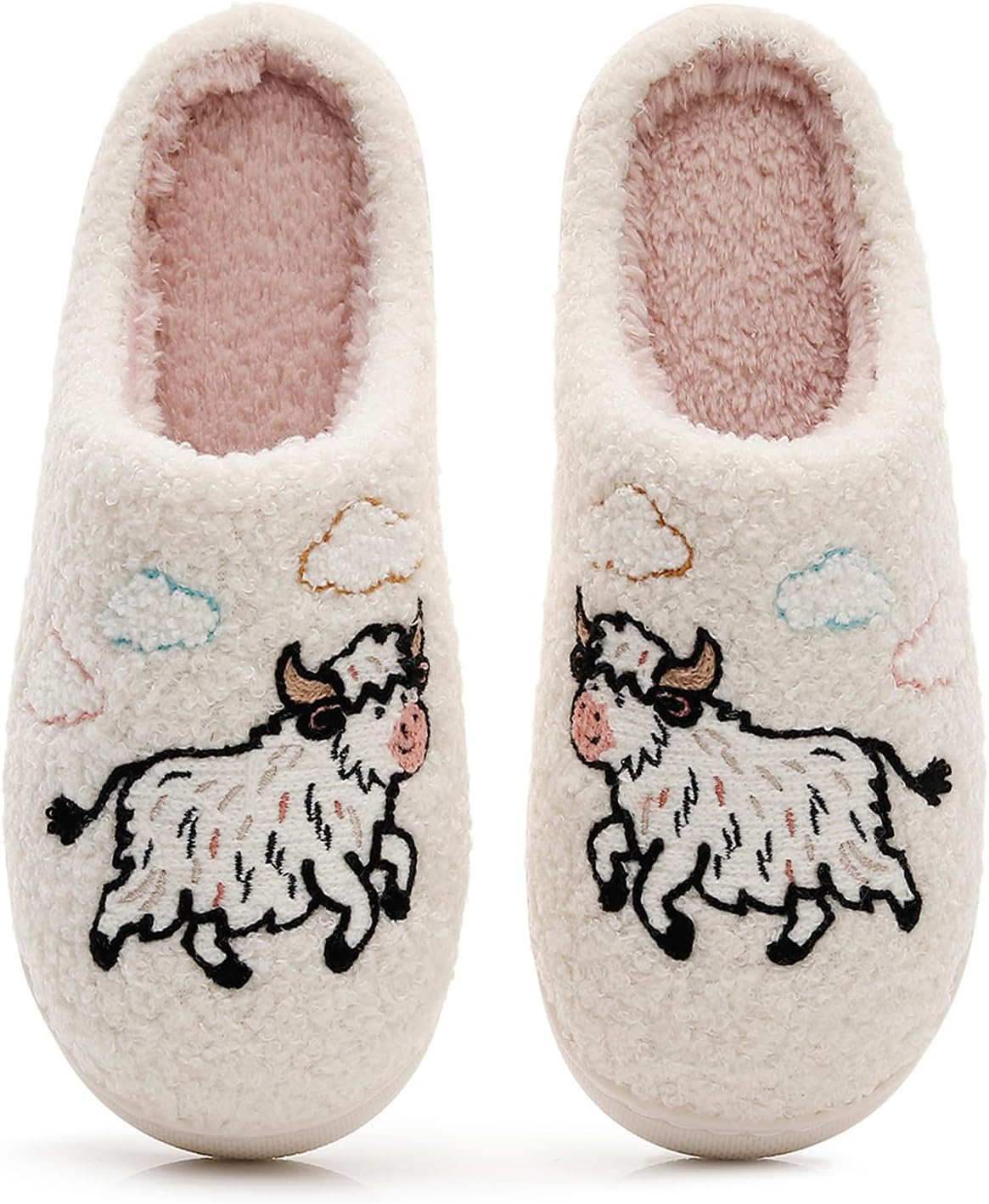 

Рождественские тапочки Jinbaiyi для женщин и мужчин с бантом, мягкие, на скользкой подошве, плюшевые, теплые, для дома и улицы, Cloud Highland Cow