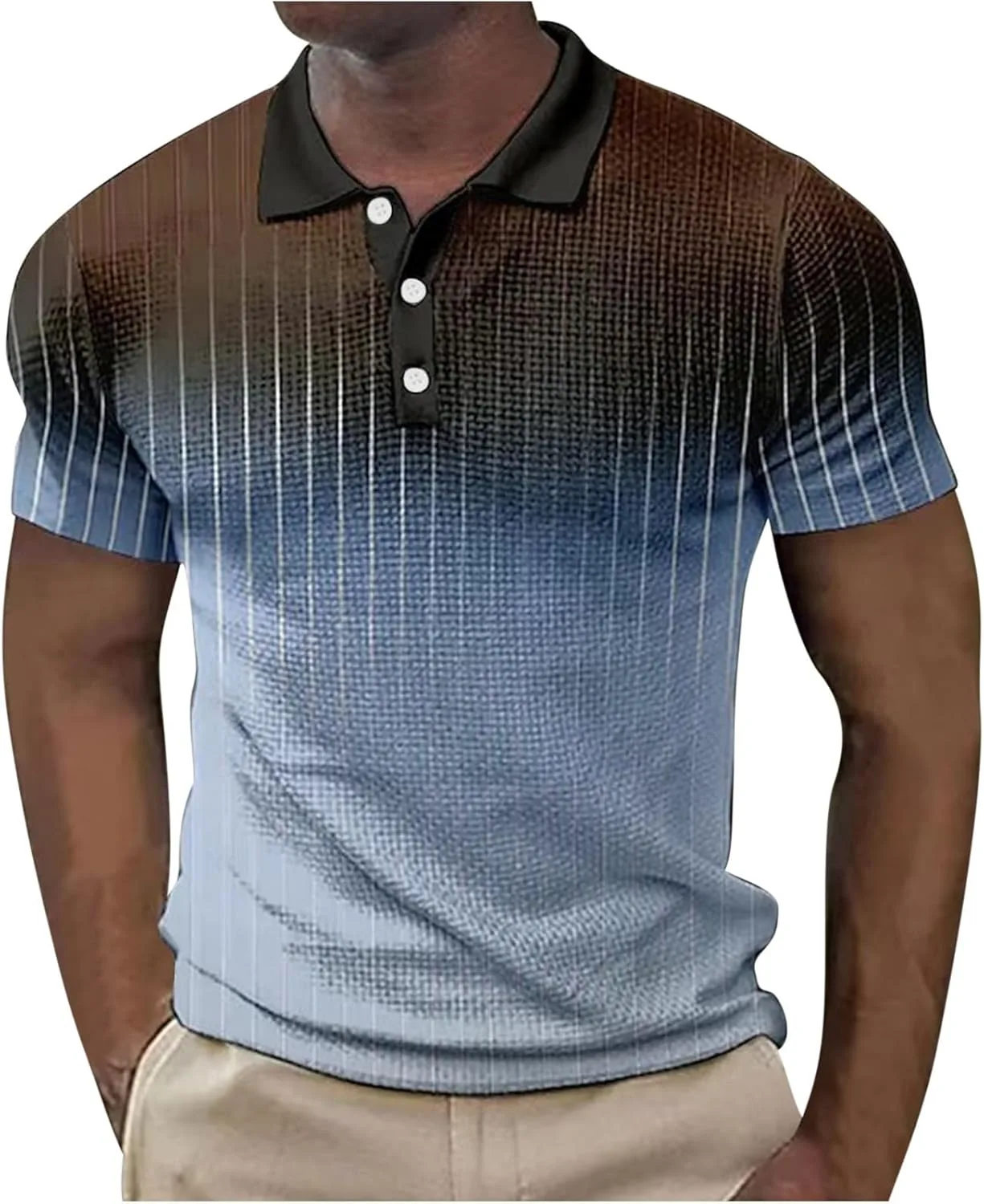 

Мужская поло 2024 с коротким рукавом, градиентная полоска, лацканы, пуговицы, Slim Fit QUNPIU