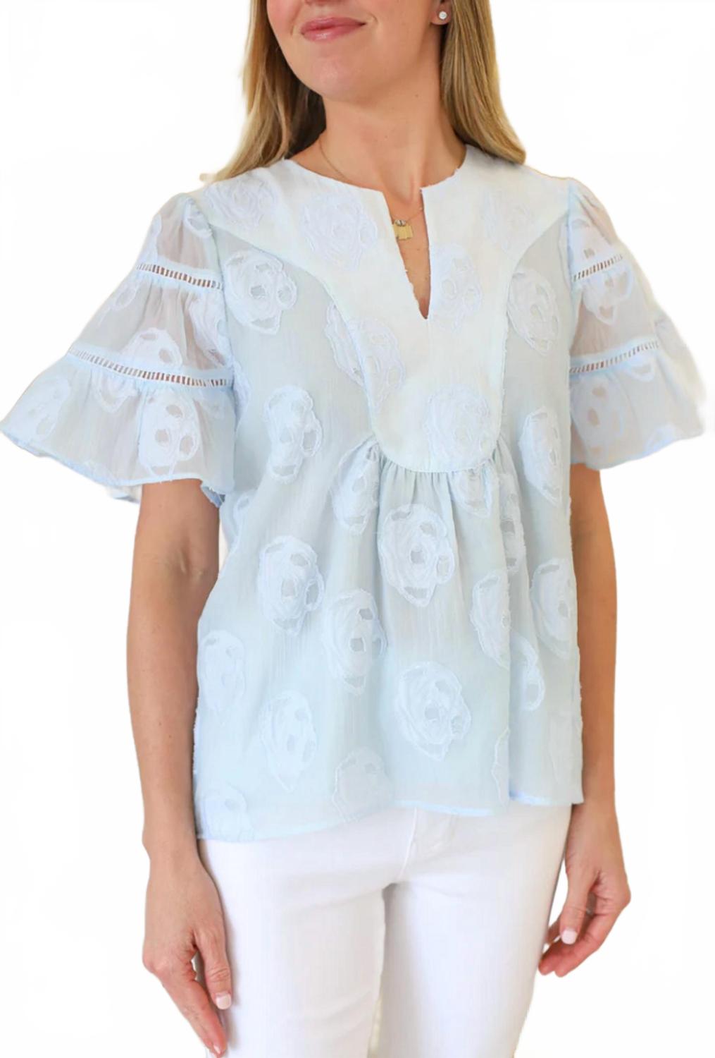 

Женский топ с расклешенными рукавами голубого цвета Joy Joy