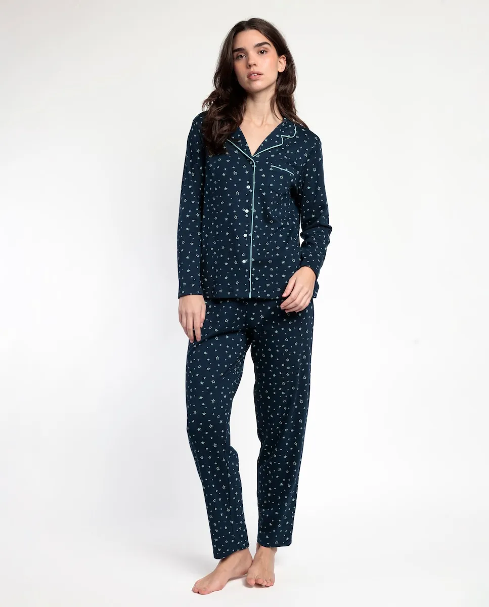 

Женская пижама с длинными штанинами из хлопкового трикотажа темно-синего цвета Admas