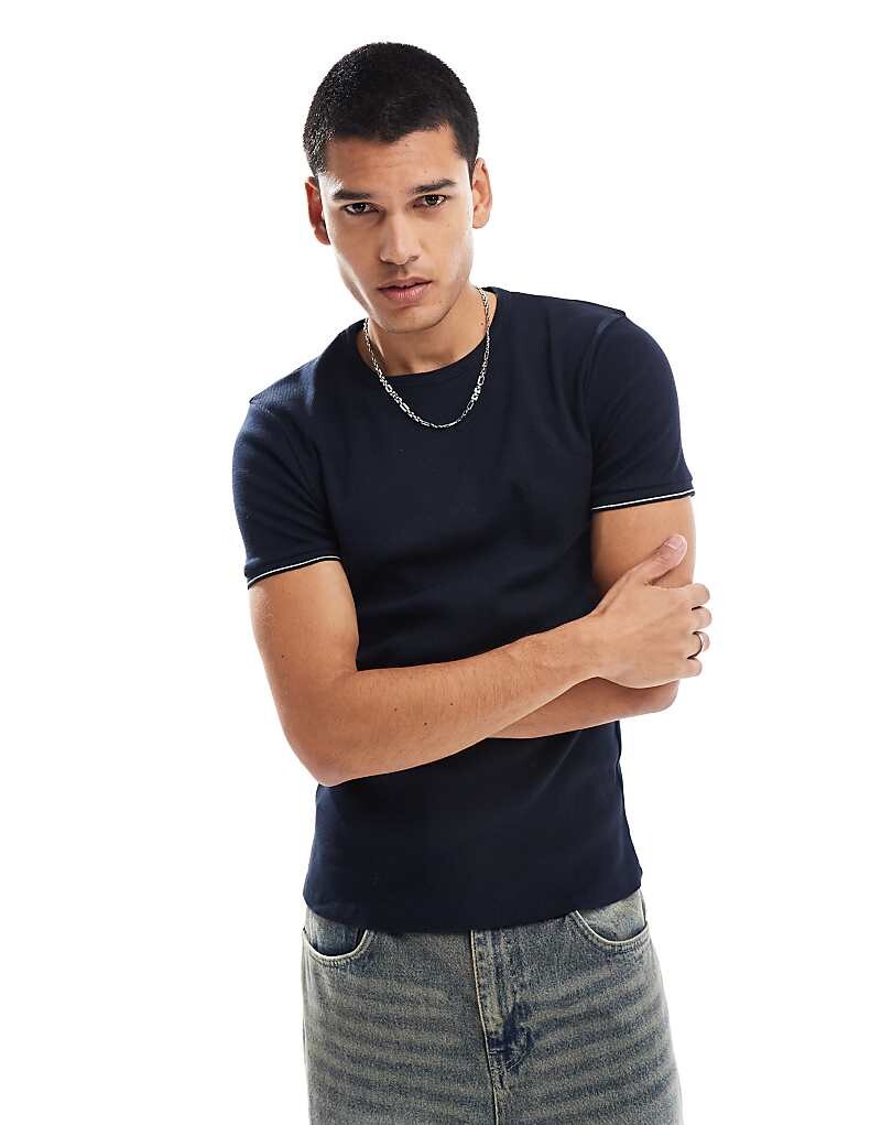 

Темно-синяя футболка в рубчик с короткими рукавами ASOS DESIGN