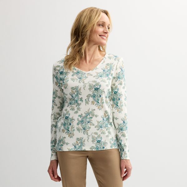 

Миниатюрная базовая блузка с длинным рукавом и v-образным вырезом Croft & Barrow, цвет cream chic paisley