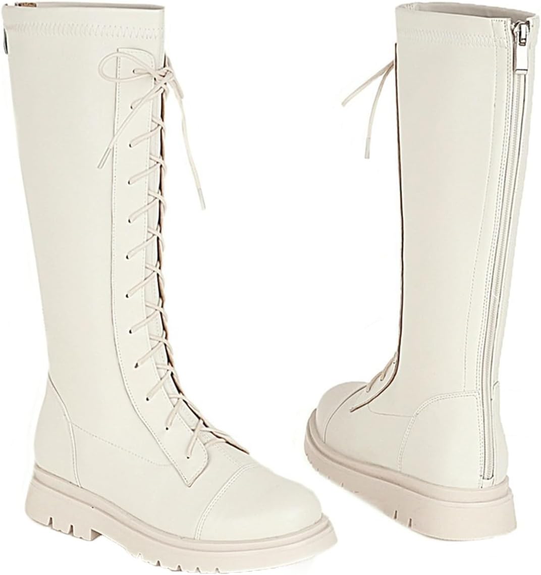 

Детские ковбойские ботинки на шнуровке до колена с круглыми носками, повседневные осенне-зимние длинные ботильоны для ходьбы и верховой езды с молнией NSQFKALL, White