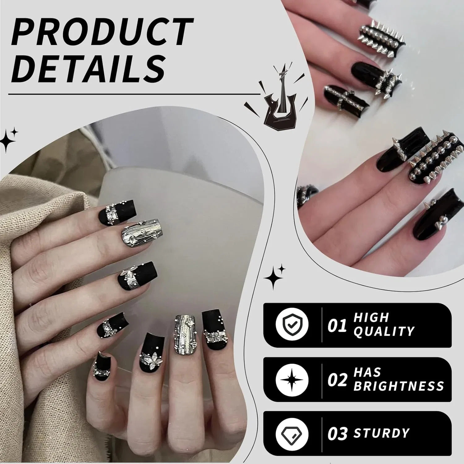 Стразы для ногтей Shiny Alloy Nail Stones, черные и серебристые Bellablend — фото 3