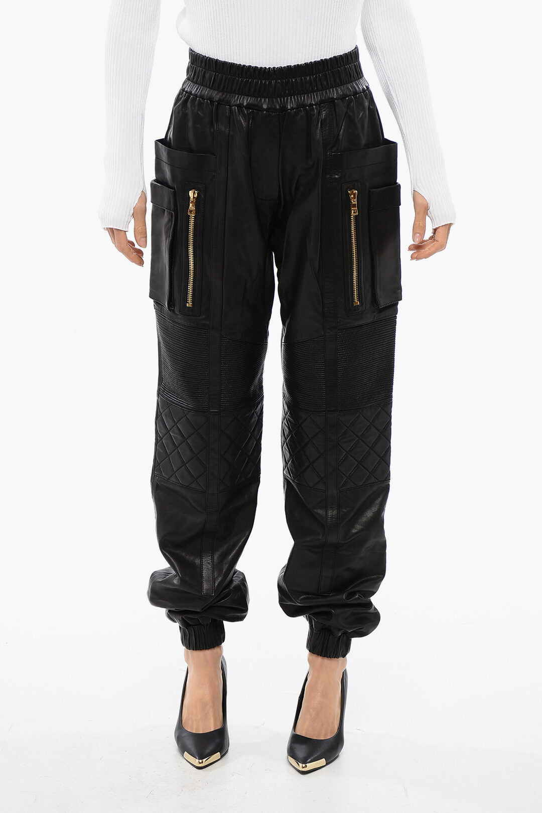 

Кожаные брюки Balmain с несколькими карманами и стеганой отделкой, черный