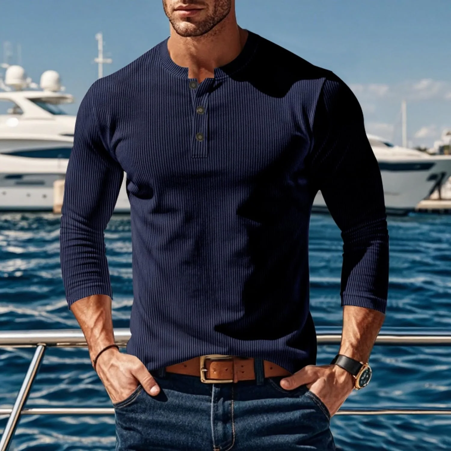 Мужская футболка с длинным рукавом Henley — быстросохнущая и дышащая — фото 3