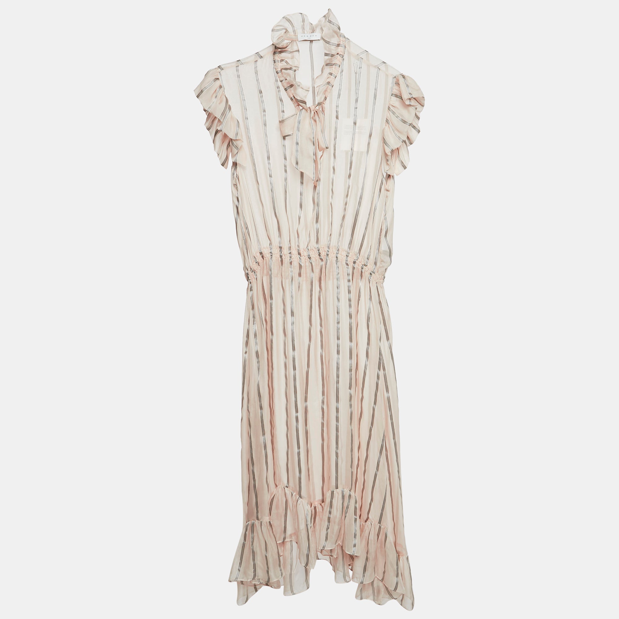 

Шелковое миди-платье Sandro в розовую полоску с оборками