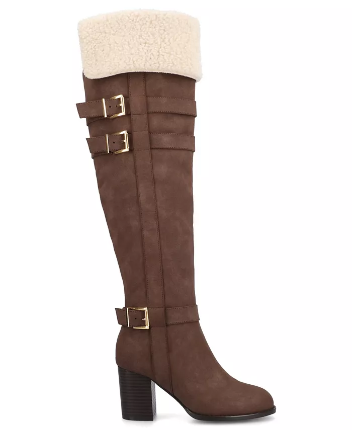 Journee Women's Alyza Ботинки до колена с пряжкой, внутренней молнией, миндальным мысом, комфортной подкладкой из шерпи Journee Collection, коричневый — фото 2