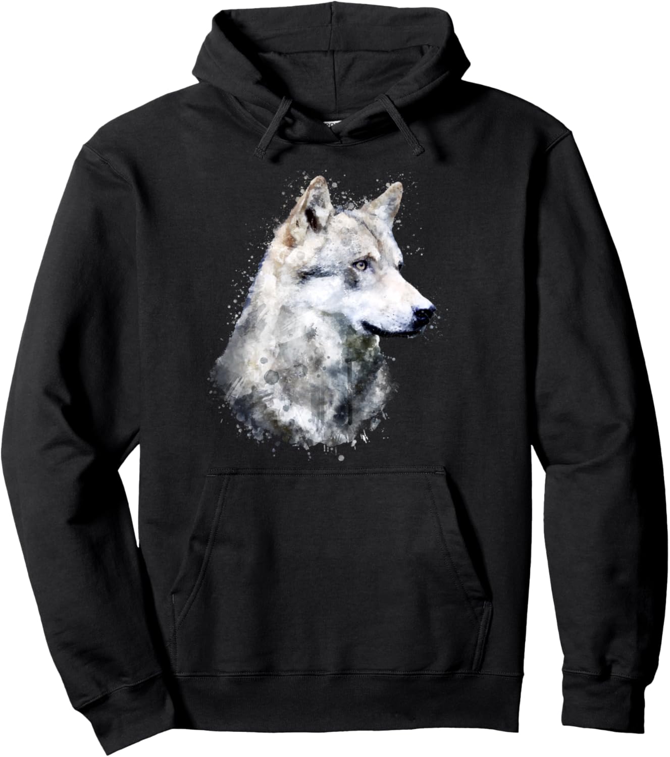 

Худи с изображением волка, выполненным акварелью в стиле художественного брызга краски Dramabite, черный