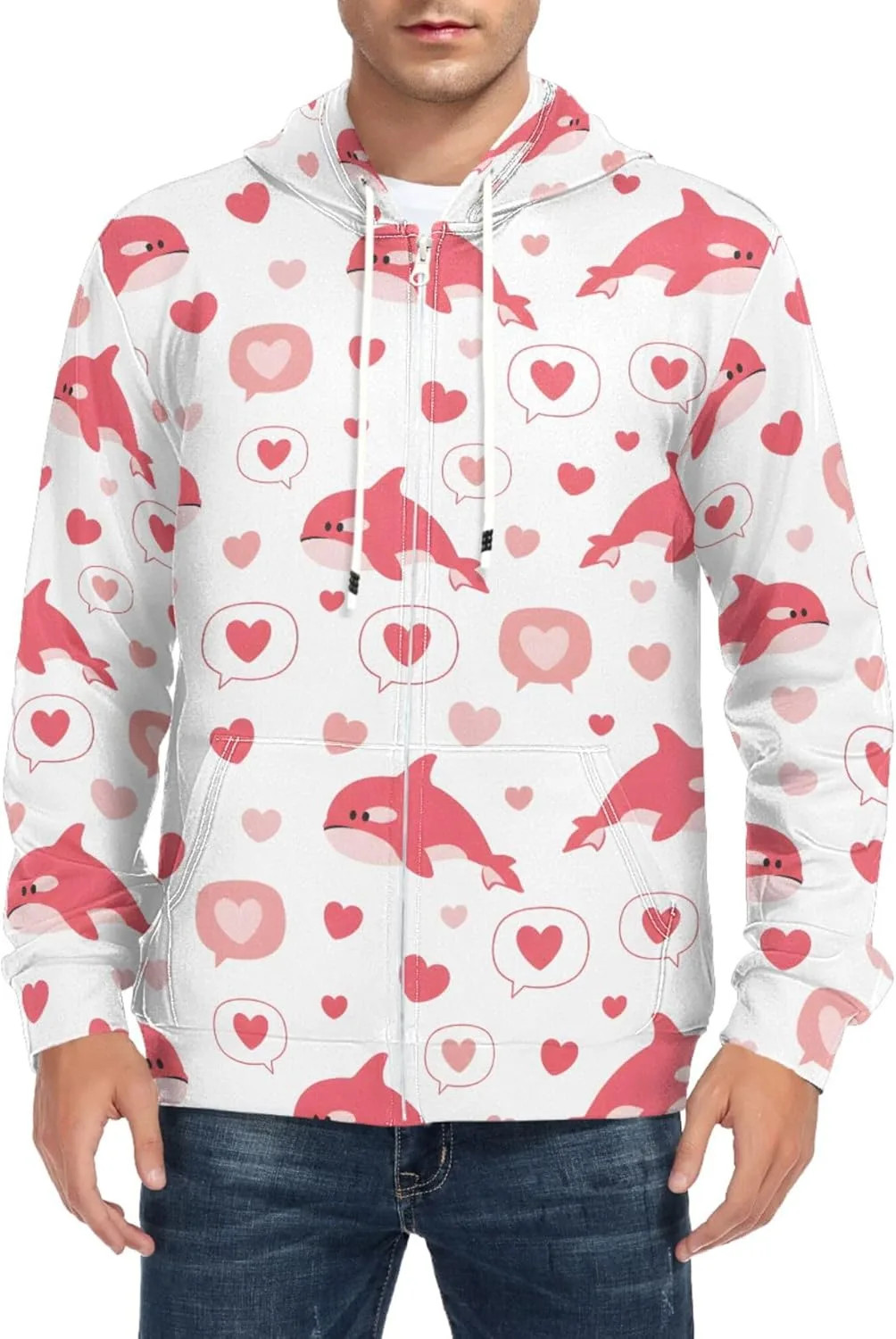 

Мужская толстовка с полной молнией Pink Dolphins Hearts Bubbles с длинным рукавом и карманом CUPADA
