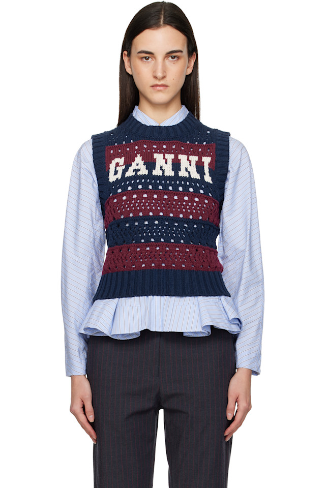 

Ganni Жилет из хлопка в полоску, сочетающий темно-синий и бордовый цвета