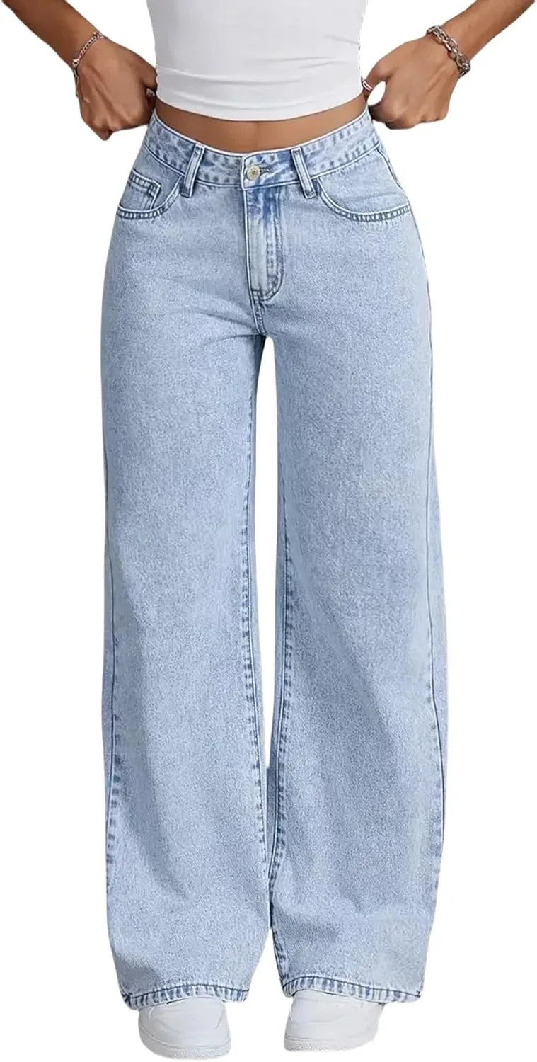 

Женские джинсы Mid Rise Wide Leg — Non-Stretch Light Blue Denim, Comfort Waistband & Faded Wash TimeGofate
