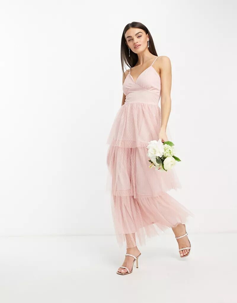 

Розовое платье макси из тюля Vila Bridesmaid с многоярусной юбкой
