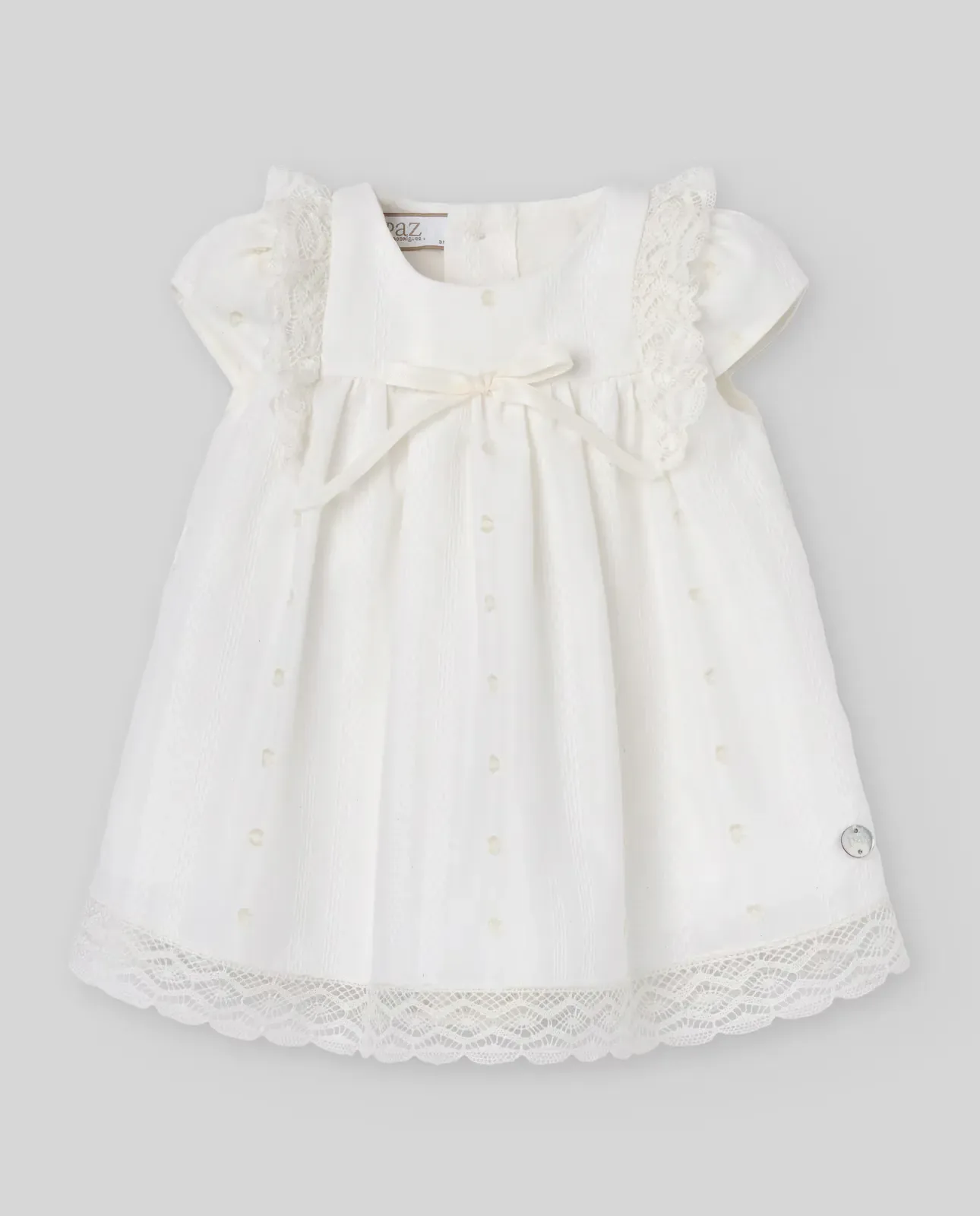 Детское платье с кружевом и бантом для крещения, коллекция Paz PAZ Rodríguez, Crudo