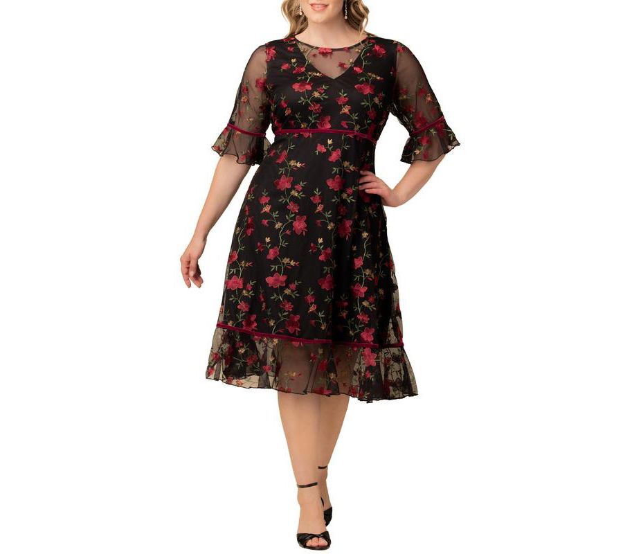 

Женское коктейльное платье больших размеров с вышивкой в виде полевых цветов и цветочным узором из сетчатой ткани Kiyonna, Floral flare
