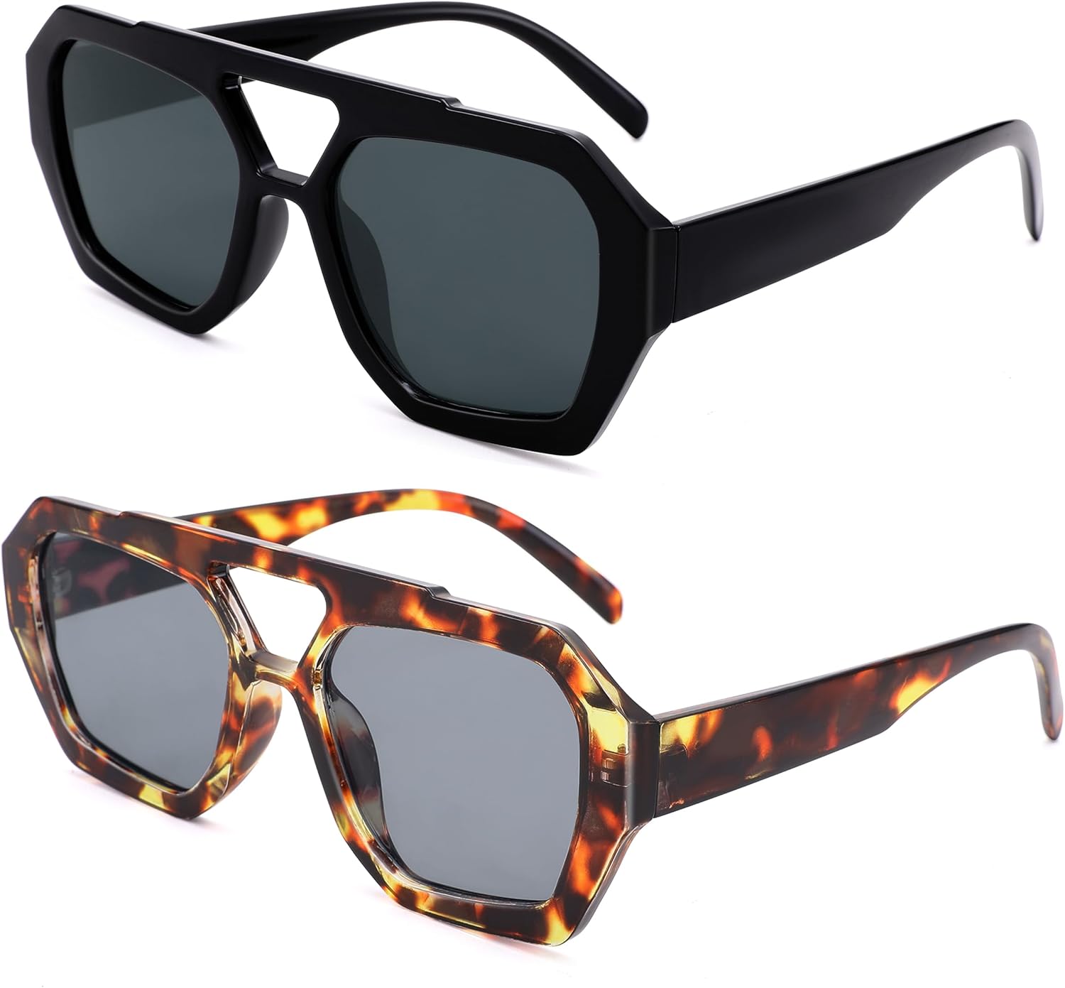 

Солнцезащитные очки-авиаторы Bouryo Trendy Square для женщин и мужчин, шестиугольная квадратная оправа с толстой двойной перемычкой, подходят для широкого лица, B2 Tortoise / Light Blue + Black / Grey