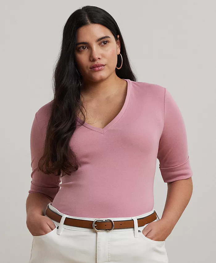 

Футболка с V-образным вырезом и рукавом до локтя из эластичного хлопка, plus size Lauren Ralph Lauren, розовый