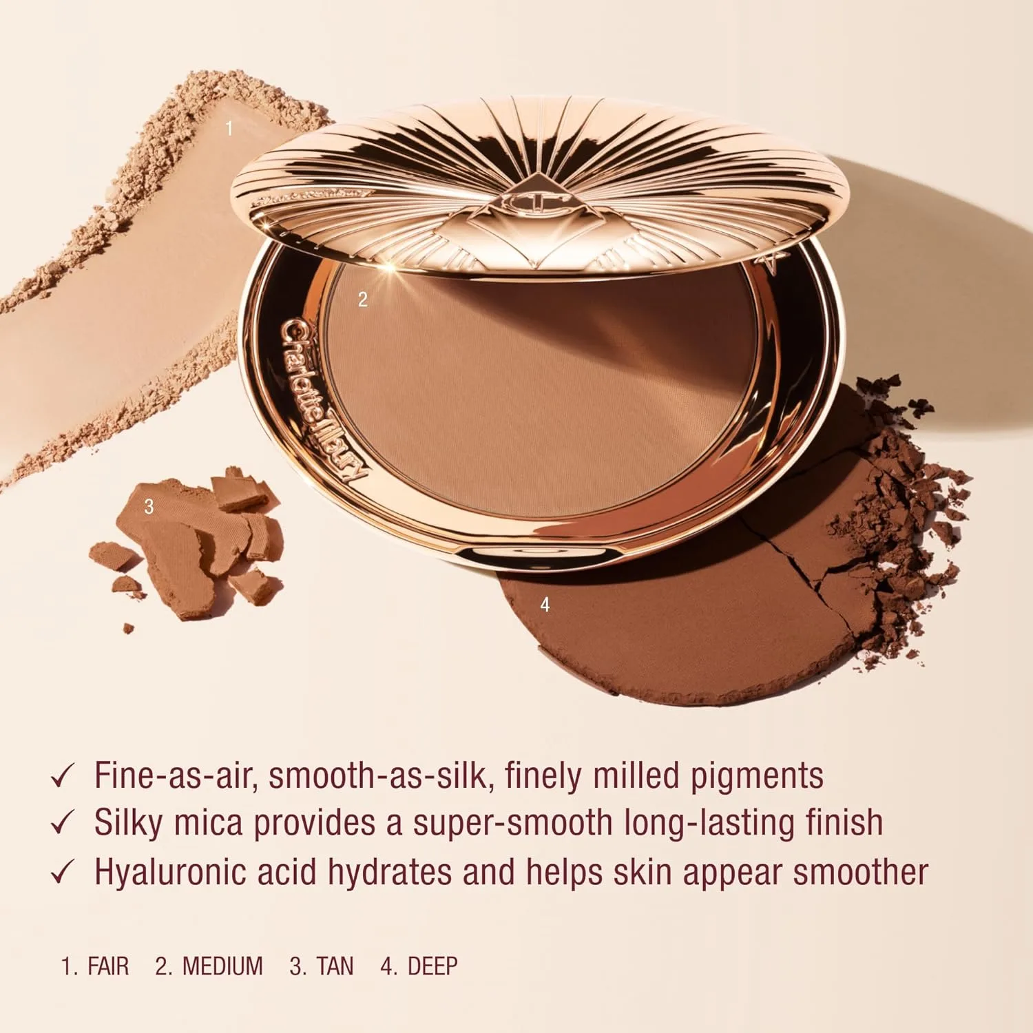 Charlotte Tilbury Airbrush Matte Bronzer - матирующая пудра-бронзер с эффектом аэрографа, разглаживает и выравнивает, наполнена шелковистой слюдой и гиалуроновой кислотой, 2 Medium - medium golden bronze — фото 4