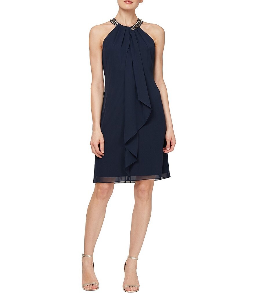 

Ignite Evening Petite Size Шифоновое платье без рукавов с лямкой на шее и рюшами спереди с рюшами спереди Ignite Evenings, синий