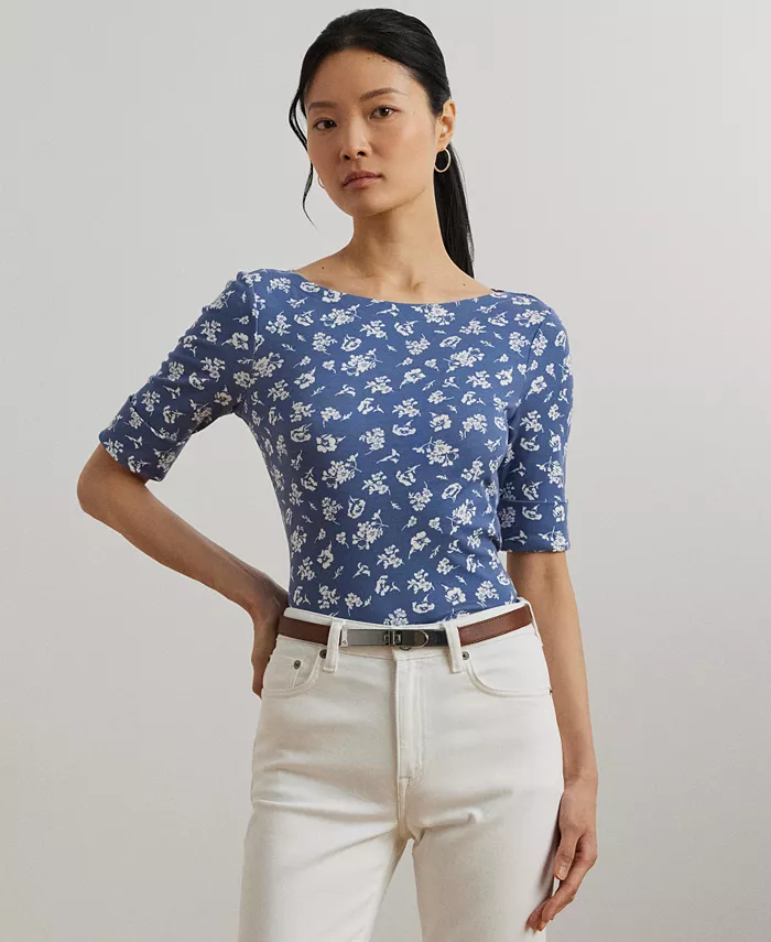 

Женская футболка с цветочным принтом из эластичного хлопка с лодочкой Lauren Ralph Lauren, синий