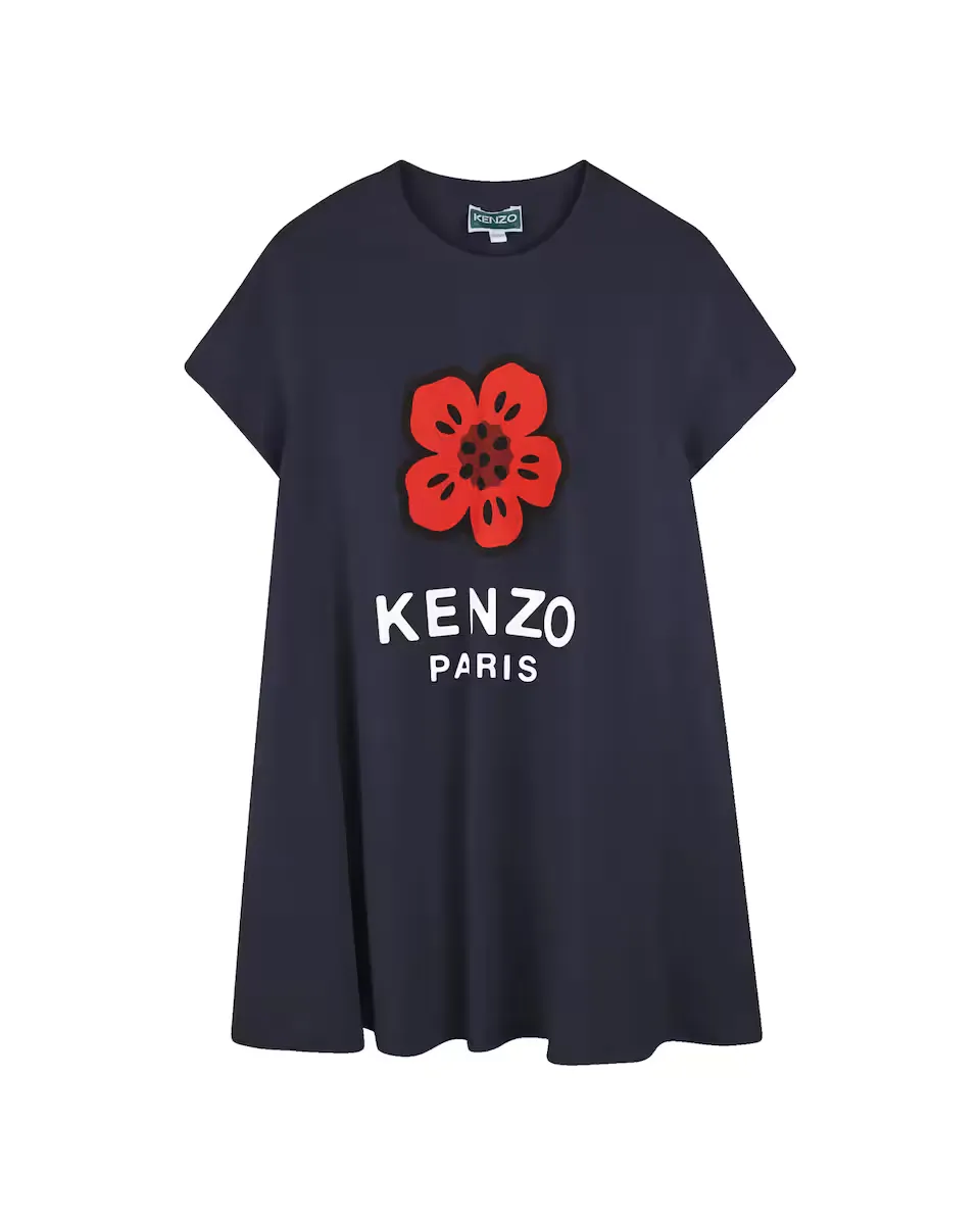 

Платье для девочки из хлопка с короткими рукавами Kenzo Kids, темно-синий