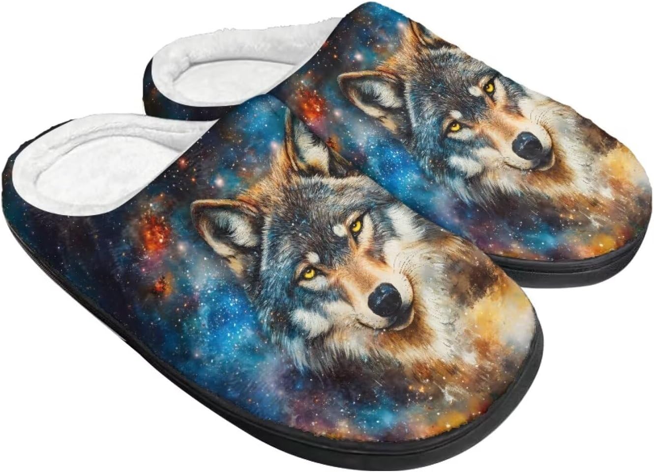 

Женские уютные пушистые тапочки унисекс с легким надеванием, повседневные домашние тапочки для спальни с противоскользящей подошвой для мужчин Tomeusey, Wolf Starry Sky