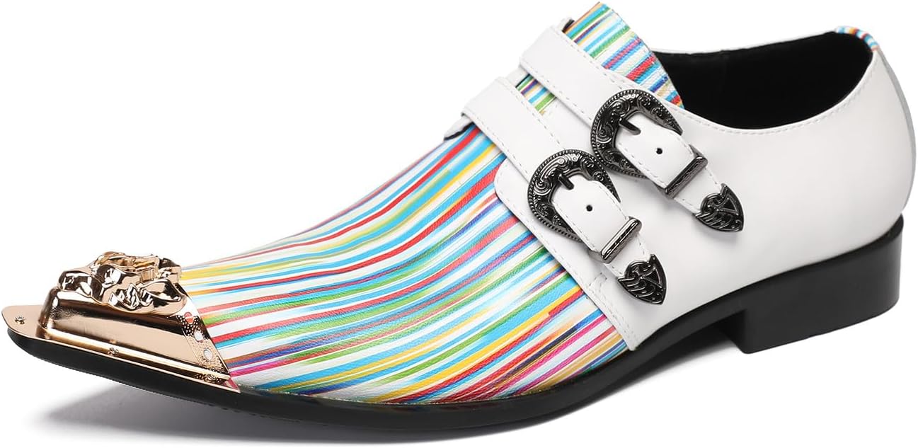 

Мужские лоферы Santimon Loafers для вечеринки, повседневные с металлическим носком, двойной пряжкой, кожаные слайдоны, радужные лоферы в западном стиле, смокинговые туфли для выпускного и летней носки для мужчин и мальчиков, белый