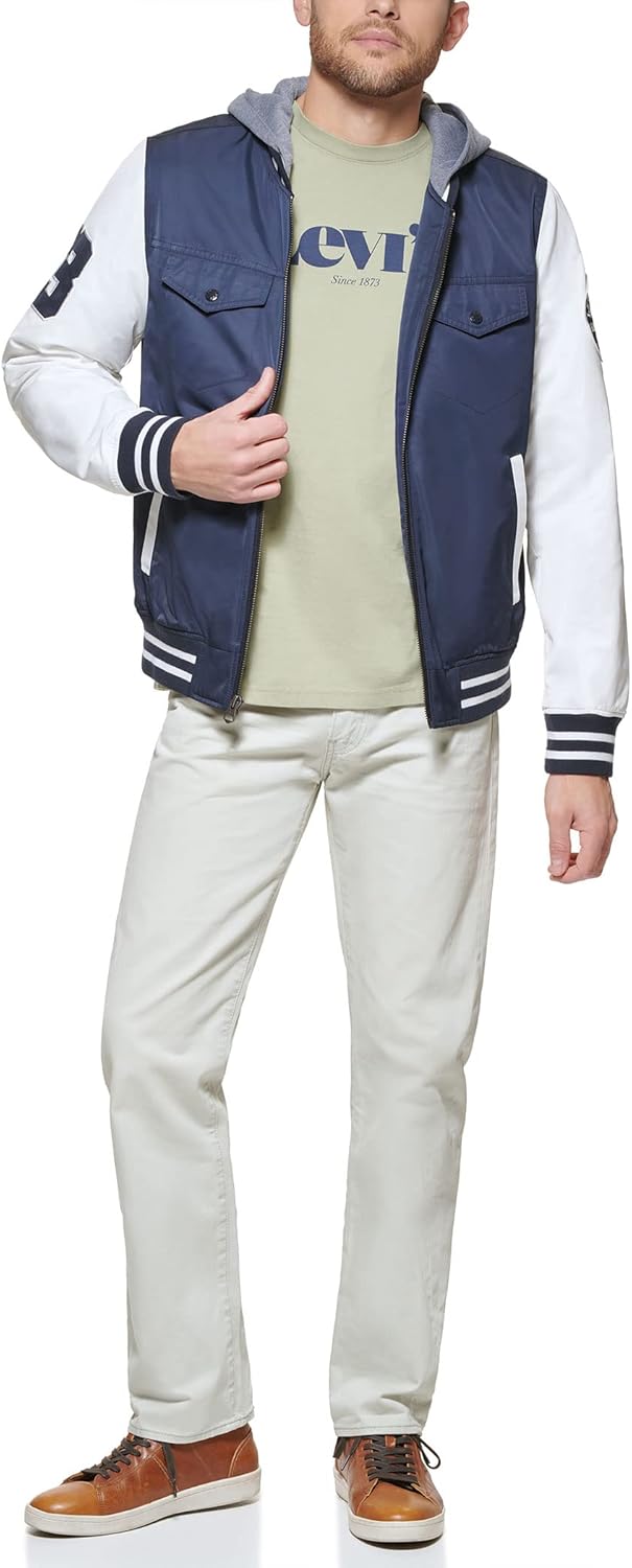 Мужская университетская куртка-бомбер Levi's Colorblock, Navy/Fleece Hood — фото 2